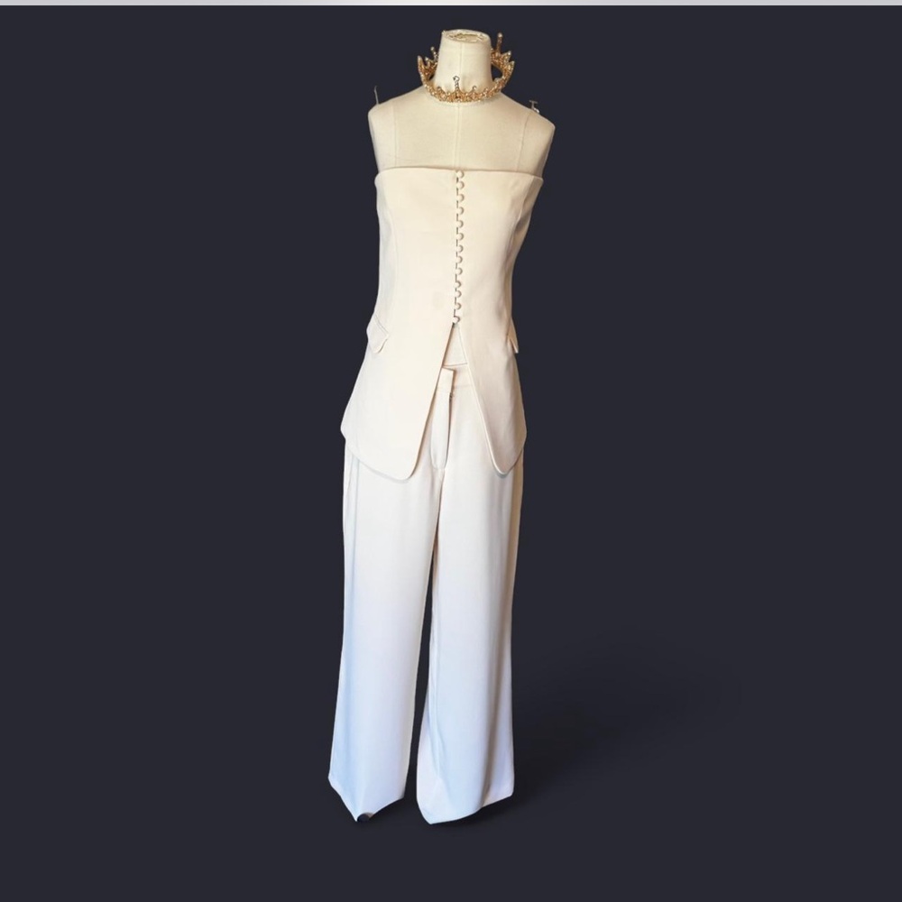 Strapless Cream Wide-Leg Jumpsuit with Sculpted Bodice
